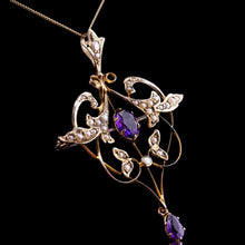 Load image into Gallery viewer, Antique Edwardian Amethyst &amp; Seed Pearl 9ct Gold Art Nouveau Pendant Necklace - c.1905
