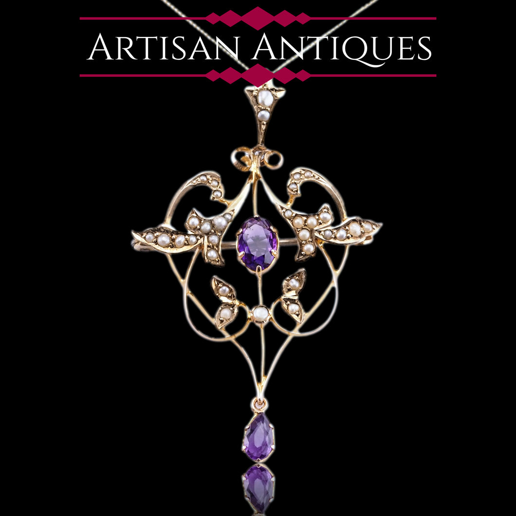Antique Edwardian Amethyst & Seed Pearl 9ct Gold Art Nouveau Pendant Necklace - c.1905