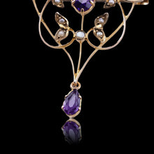 Load image into Gallery viewer, Antique Edwardian Amethyst &amp; Seed Pearl 9ct Gold Art Nouveau Pendant Necklace - c.1905
