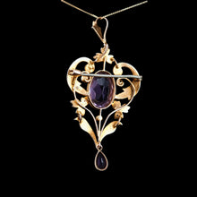 Load image into Gallery viewer, Antique Edwardian Amethyst &amp; Seed Pearl 9ct Gold Pendant Necklace, Art Nouveau Design - c.1910
