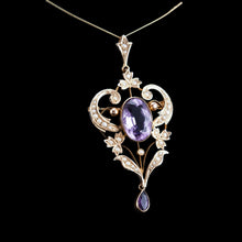 Load image into Gallery viewer, Antique Edwardian Amethyst &amp; Seed Pearl 9ct Gold Pendant Necklace, Art Nouveau Design - c.1910
