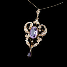 Load image into Gallery viewer, Antique Edwardian Amethyst &amp; Seed Pearl 9ct Gold Pendant Necklace, Art Nouveau Design - c.1910
