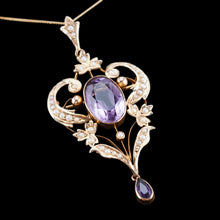 Load image into Gallery viewer, Antique Edwardian Amethyst &amp; Seed Pearl 9ct Gold Pendant Necklace, Art Nouveau Design - c.1910
