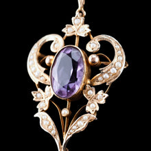 Load image into Gallery viewer, Antique Edwardian Amethyst &amp; Seed Pearl 9ct Gold Pendant Necklace, Art Nouveau Design - c.1910
