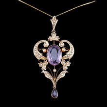 Load image into Gallery viewer, Antique Edwardian Amethyst &amp; Seed Pearl 9ct Gold Pendant Necklace, Art Nouveau Design - c.1910
