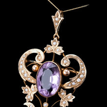 Load image into Gallery viewer, Antique Edwardian Amethyst &amp; Seed Pearl 9ct Gold Pendant Necklace, Art Nouveau Design - c.1910

