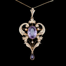 Load image into Gallery viewer, Antique Edwardian Amethyst &amp; Seed Pearl 9ct Gold Pendant Necklace, Art Nouveau Design - c.1910
