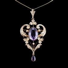 Load image into Gallery viewer, Antique Edwardian Amethyst &amp; Seed Pearl 9ct Gold Pendant Necklace, Art Nouveau Design - c.1910
