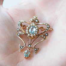 Load image into Gallery viewer, Antique Art Nouveau Aquamarine &amp; Pearl Pendant Necklace/Brooch Lavalier 9ct Gold - Edwardian c.1910
