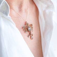 Load image into Gallery viewer, Antique Art Nouveau Aquamarine &amp; Pearl Pendant Necklace/Brooch Lavalier 9ct Gold - Edwardian c.1910
