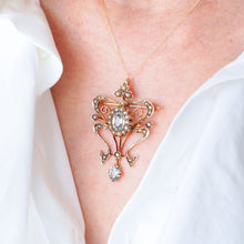Load image into Gallery viewer, Antique Art Nouveau Aquamarine &amp; Pearl Pendant Necklace/Brooch Lavalier 9ct Gold - Edwardian c.1910
