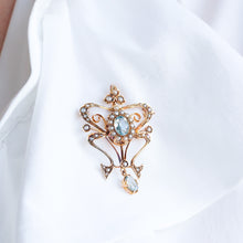 Load image into Gallery viewer, Antique Art Nouveau Aquamarine &amp; Pearl Pendant Necklace/Brooch Lavalier 9ct Gold - Edwardian c.1910
