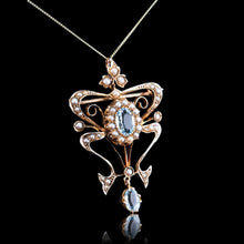 Load image into Gallery viewer, Antique Art Nouveau Aquamarine &amp; Pearl Pendant Necklace/Brooch Lavalier 9ct Gold - Edwardian c.1910
