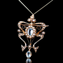 Load image into Gallery viewer, Antique Art Nouveau Aquamarine &amp; Pearl Pendant Necklace/Brooch Lavalier 9ct Gold - Edwardian c.1910
