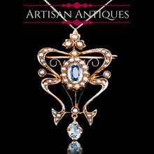 Load image into Gallery viewer, Antique Art Nouveau Aquamarine &amp; Pearl Pendant Necklace/Brooch Lavalier 9ct Gold - Edwardian c.1910
