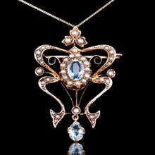 Load image into Gallery viewer, Antique Art Nouveau Aquamarine &amp; Pearl Pendant Necklace/Brooch Lavalier 9ct Gold - Edwardian c.1910
