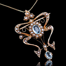 Load image into Gallery viewer, Antique Art Nouveau Aquamarine &amp; Pearl Pendant Necklace/Brooch Lavalier 9ct Gold - Edwardian c.1910
