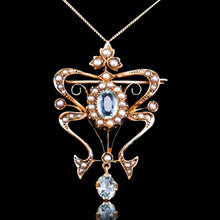 Load image into Gallery viewer, Antique Art Nouveau Aquamarine &amp; Pearl Pendant Necklace/Brooch Lavalier 9ct Gold - Edwardian c.1910
