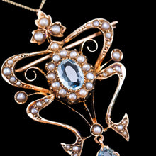Load image into Gallery viewer, Antique Art Nouveau Aquamarine &amp; Pearl Pendant Necklace/Brooch Lavalier 9ct Gold - Edwardian c.1910
