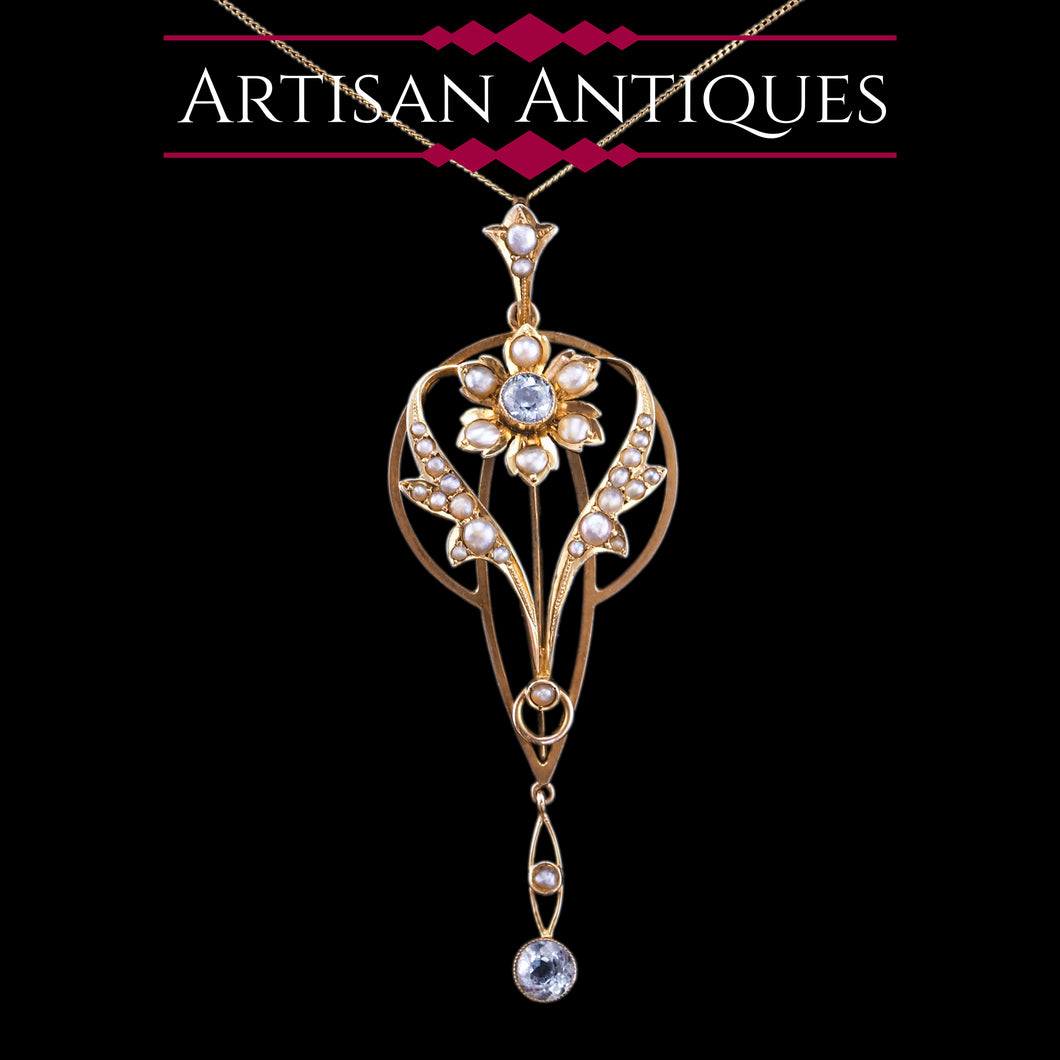 Antique Aquamarine Pendant Necklace with Seed Pearls 9ct Gold Art Nouveau Design - Edwardian c.1905