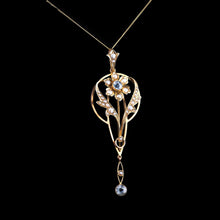 Load image into Gallery viewer, Antique Aquamarine Pendant Necklace with Seed Pearls 9ct Gold Art Nouveau Design - Edwardian c.1905
