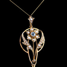 Load image into Gallery viewer, Antique Aquamarine Pendant Necklace with Seed Pearls 9ct Gold Art Nouveau Design - Edwardian c.1905
