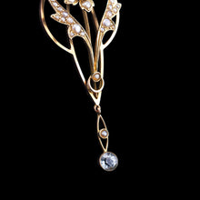 Load image into Gallery viewer, Antique Aquamarine Pendant Necklace with Seed Pearls 9ct Gold Art Nouveau Design - Edwardian c.1905
