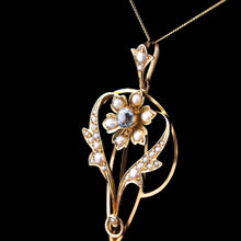 Load image into Gallery viewer, Antique Aquamarine Pendant Necklace with Seed Pearls 9ct Gold Art Nouveau Design - Edwardian c.1905

