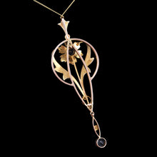 Load image into Gallery viewer, Antique Aquamarine Pendant Necklace with Seed Pearls 9ct Gold Art Nouveau Design - Edwardian c.1905
