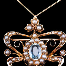 Load image into Gallery viewer, Antique Art Nouveau Aquamarine &amp; Pearl Pendant Necklace/Brooch Lavalier 9ct Gold - Edwardian c.1910
