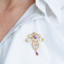 Load image into Gallery viewer, Antique Edwardian Amethyst &amp; Seed Pearl 15ct Gold Pendant Necklace Art Nouveau &#39;Fan&#39; Design - c.1905
