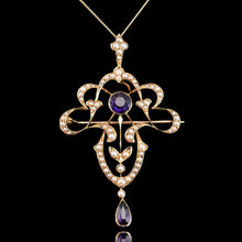 Load image into Gallery viewer, Antique Edwardian Amethyst &amp; Seed Pearl 15ct Gold Pendant Necklace Art Nouveau &#39;Fan&#39; Design - c.1905
