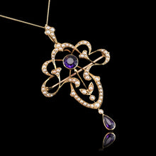 Load image into Gallery viewer, Antique Edwardian Amethyst &amp; Seed Pearl 15ct Gold Pendant Necklace Art Nouveau &#39;Fan&#39; Design - c.1905
