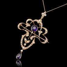 Load image into Gallery viewer, Antique Edwardian Amethyst &amp; Seed Pearl 15ct Gold Pendant Necklace Art Nouveau &#39;Fan&#39; Design - c.1905
