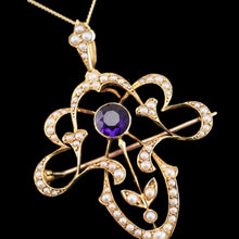 Load image into Gallery viewer, Antique Edwardian Amethyst &amp; Seed Pearl 15ct Gold Pendant Necklace Art Nouveau &#39;Fan&#39; Design - c.1905
