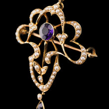 Load image into Gallery viewer, Antique Edwardian Amethyst &amp; Seed Pearl 15ct Gold Pendant Necklace Art Nouveau &#39;Fan&#39; Design - c.1905
