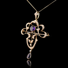 Load image into Gallery viewer, Antique Edwardian Amethyst &amp; Seed Pearl 15ct Gold Pendant Necklace Art Nouveau &#39;Fan&#39; Design - c.1905
