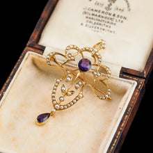 Load image into Gallery viewer, Antique Edwardian Amethyst &amp; Seed Pearl 15ct Gold Pendant Necklace Art Nouveau &#39;Fan&#39; Design - c.1905
