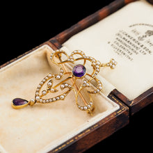 Load image into Gallery viewer, Antique Edwardian Amethyst &amp; Seed Pearl 15ct Gold Pendant Necklace Art Nouveau &#39;Fan&#39; Design - c.1905
