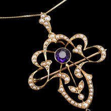 Load image into Gallery viewer, Antique Edwardian Amethyst &amp; Seed Pearl 15ct Gold Pendant Necklace Art Nouveau &#39;Fan&#39; Design - c.1905
