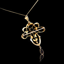 Load image into Gallery viewer, Antique Edwardian Amethyst &amp; Seed Pearl 15ct Gold Pendant Necklace Art Nouveau &#39;Fan&#39; Design - c.1905
