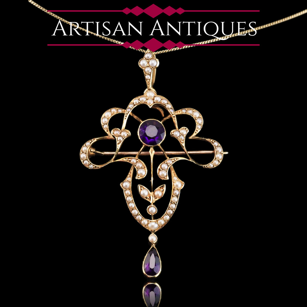Antique Edwardian Amethyst & Seed Pearl 15ct Gold Pendant Necklace Art Nouveau 'Fan' Design - c.1905
