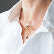 Load image into Gallery viewer, Antique Edwardian Amethyst &amp; Seed Pearl 15ct Gold Pendant Necklace Art Nouveau &#39;Fan&#39; Design - c.1905
