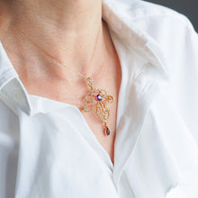 Load image into Gallery viewer, Antique Edwardian Amethyst &amp; Seed Pearl 15ct Gold Pendant Necklace Art Nouveau &#39;Fan&#39; Design - c.1905
