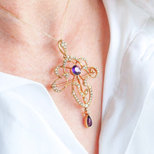 Load image into Gallery viewer, Antique Edwardian Amethyst &amp; Seed Pearl 15ct Gold Pendant Necklace Art Nouveau &#39;Fan&#39; Design - c.1905
