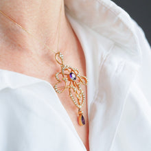 Load image into Gallery viewer, Antique Edwardian Amethyst &amp; Seed Pearl 15ct Gold Pendant Necklace Art Nouveau &#39;Fan&#39; Design - c.1905
