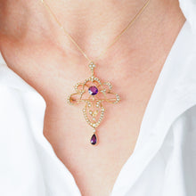 Load image into Gallery viewer, Antique Edwardian Amethyst &amp; Seed Pearl 15ct Gold Pendant Necklace Art Nouveau &#39;Fan&#39; Design - c.1905
