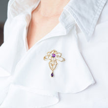 Load image into Gallery viewer, Antique Edwardian Amethyst &amp; Seed Pearl 15ct Gold Pendant Necklace Art Nouveau &#39;Fan&#39; Design - c.1905
