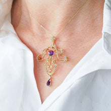 Load image into Gallery viewer, Antique Edwardian Amethyst &amp; Seed Pearl 15ct Gold Pendant Necklace Art Nouveau &#39;Fan&#39; Design - c.1905
