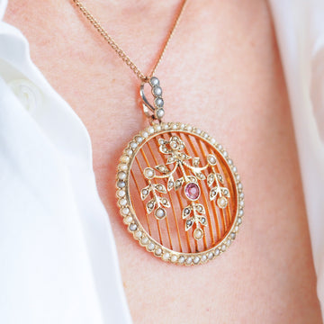 Collier Pendentif Ancien – Perle Fine, Or Rose, Tourmalines, Occasion Avec Histoire